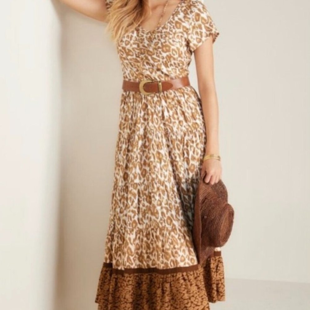 Soft Surroundings Kara Maxi Dress Ruffle White Mocha Leopard Animal Prin…